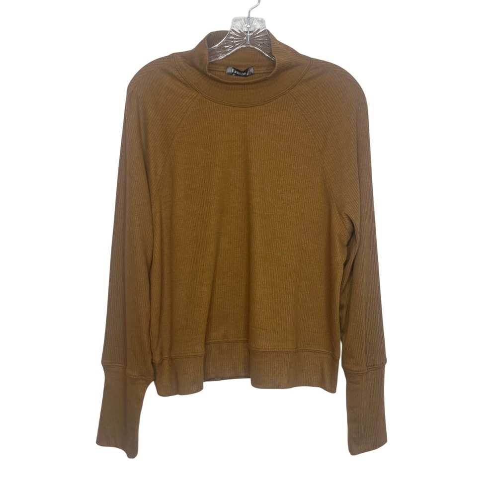 Fashion High Neck Ribbed Knit Shirt Womens Medium Brown New